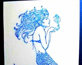 Blue Mermaid Card Set: Handmade Coastal Stationery, Beach Gift - 10 Card Box