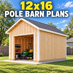 May include: A 12x16 pole barn structure with light-colored vertical wood siding, a dark shingled roof, and white trim. The open front reveals an interior with wooden shelving units, storage containers, a ladder, and a green riding lawn mower.