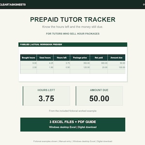Registro de horas de tutoría y pagos, paquetes de lecciones prepagadas, saldos familiares (Excel para escritorio)