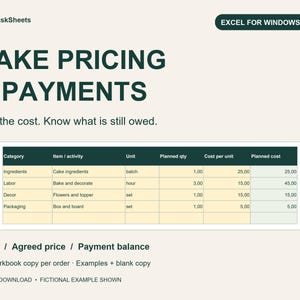 Puede incluir: Una plantilla de hoja de cálculo digital titulada ClearTaskSheets Cake Pricing & Payments para Excel para Windows. El documento presenta una tabla con columnas para categoría, artículo, unidad, cantidad, costo unitario y costo planificado con datos.