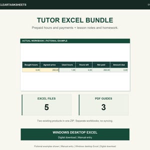 Tutor Excel Bundle: Prepaid Hours, Payments, Lesson Notes and Homework