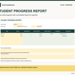 Leerlingvoortgangstracker voor Excel, beoordeling van tutorvaardigheden en afdrukbaar ouderrapport