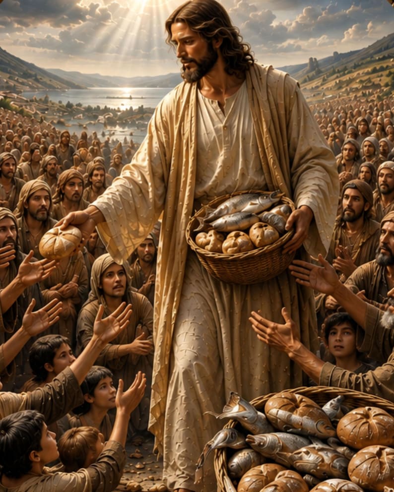 Jesus Feeding the 5000 shown with Christ offering bread to the surrounding crowd as baskets of loaves and fish fill the foreground of a dimensional Biblical scene.