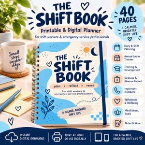 Puede incluir: Una agenda de espiral titulada The Shift Book con un diseño de portada abstracto en azul y crema que incluye un icono de sol y luna. La portada contiene el texto plan, reflect, reset y for shift workers & emergency service professionals.