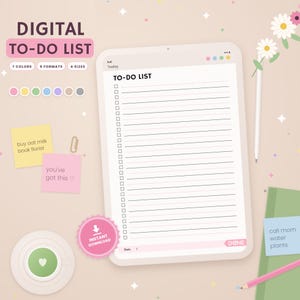 May include: A digital to-do list template displayed on a tablet screen with a list of checkboxes and lines. The interface includes the text TO-DO LIST, DONE, and Date. Surrounding elements include sticky notes with text, a stylus, and a coffee cup.