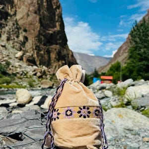 Beige Velvet Drawstring Pouch with Purple Cross-Stitch Embroidery Band – Handmade Mini Gift Bag, Coin Purse & Cosmetic Travel Pouch