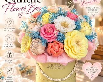 Bloemendoos met kaars, Dopamine boeket, Handgemaakte wasbloemen, Kleurrijk bloemencadeau, Woondecoratie
