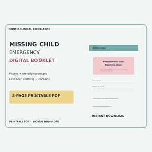 Missing Child Emergency Digital Booklet | 8-Page Printable PDF | Photo, ID & Last-Seen Forms