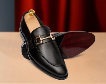 Mocasines de boda para hombre, de cuero negro hechos a mano, estilo italiano, sin cordones, con hebilla de caballo.