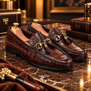 Può includere: Un paio di mocassini marrone scuro con una texture lucida a stampa coccodrillo. Ogni scarpa presenta un dettaglio morsetto in metallo dorato sulla tomaia, accentuato da nappe in pelle marrone abbinate. Include tendiscarpe in legno.