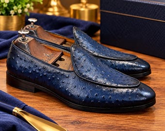 Handmade Blue Ostrich Leather Loafers_ Men's Slip-on Shoes