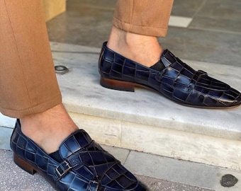 Men's Blue Crocodile Embossed Leather Loafers, Slip-On Monk Strap Dress Shoes, Handmade Formal Footwear , Luxury Business Style