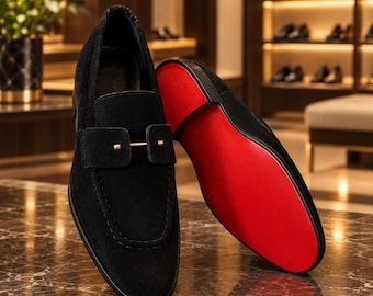 Handmade Suede Leather Loafers: Black Slip-On Dress Shoes with Red Sole