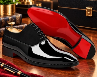 Cris Loub Men's Handmade Black Patent Leather Oxford Shoes Red Sole