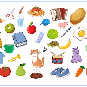 Può includere: Una raccolta di illustrazioni colorate che include un golden retriever, forbici, chitarra, spaghetti, fisarmonica, patata, fetta di pizza, sedia, kiwi, bicchiere d'acqua, mela, berretto, maiale, lattuga, penna, uovo, ananas, libro, telefono, tartaruga, banana, pecora, tazza, tromba, gatto, chiodi, tamburo, vestito, calzini, maglietta, topo, pomodoro, pera, bistecca, scarpe da ginnastica, carota e pollo.