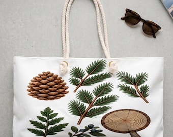Weekendtas met botanische bosprint, rustieke reistas, ruime polyester overnachtingstas
