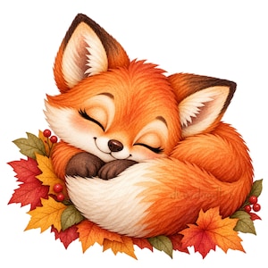 May include: A digital illustration of a sleeping fox with vibrant orange fur, a white-tipped tail, and dark brown paws. The fox is curled up resting on a bed of colourful autumn maple leaves in shades of red, orange, and yellow, accented by small red berries.