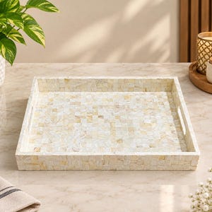 Ivory Mother of Pearl Tray Rectangular Mosaic Serving Tray Shell Inlay Vanity Tray Luxury Coffee Table Decor Breakfast Tray Home Decor Gift