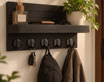 Wooden Wall Key Holder with Shelf, Paulownia Wood Mail Organizer, Entryway Decor, Large Hooks for Bags, Coats and Umbrellas