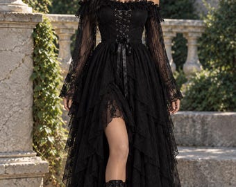 Gothic Lace-Up Corset Dress, Asymmetrical Bell Sleeves, Halloween Witch Costume