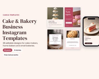 May include: A set of Canva templates for cake and bakery businesses, featuring 38 editable designs including 30 posts and 8 stories. The display shows various social media layouts with cake imagery, text overlays, and a smartphone mockup on a light background.