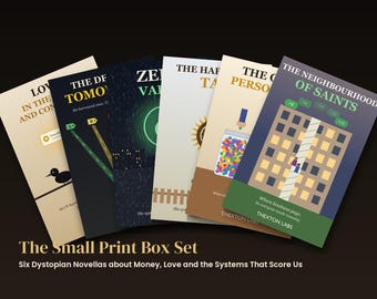 Puede incluir: Un conjunto de seis portadas de libros rectangulares titulado The Small Print Box Set. Las portadas presentan ilustraciones gráficas en varios colores, incluyendo crema, negro, azul oscuro y verde, con texto como The Neighbourhood of Saints.