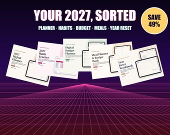 Paquete de planificadores digitales 2027, planificador GoodNotes para iPad, hoja de cálculo para el seguimiento de hábitos, planificador de presupuesto, planificador de comidas, cuaderno de trabajo para objetivos de Año Nuevo.