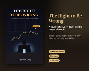 Puede incluir: Una portada de libro titulada The Right to Be Wrong de Thexton Labs, con un fondo azul oscuro, un gráfico de líneas amarillo, una cuadrícula, una etiqueta Risk: Amber y la silueta de una persona en un escritorio con una pantalla.