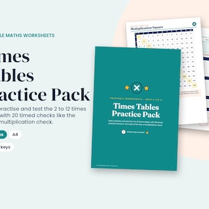 May include: A Times Tables Practice Pack printable worksheet set featuring 56 pages in A4 size. The teal cover displays the title and multiplication symbols, while interior pages show a multiplication square and math problems with answer keys.