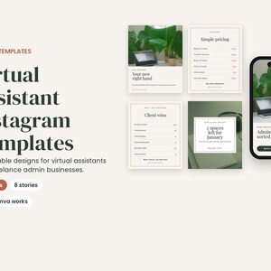 May include: A set of Canva templates for virtual assistants featuring 38 editable designs. The display includes text reading Virtual Assistant Instagram Templates, 30 posts, 8 stories, and Free Canva works, alongside previews of social media layouts.