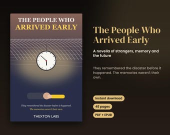 Puede incluir: Una portada de libro titulada The People Who Arrived Early de Thexton Labs, con un reloj, un patrón de cuadrícula y una barra de progreso. El texto dice: They remembered the disaster before it happened.