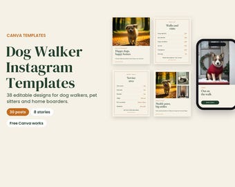 Plantillas de Instagram para paseadores de perros en Canva: 38 publicaciones e historias editables para cuidadores de mascotas.