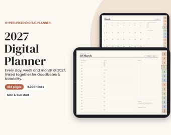 Puede incluir: Una agenda digital 2027 mostrada en dos tabletas, con una vista de calendario mensual y una página de programación diaria con espacios horarios, listas de tareas y secciones de notas. La interfaz incluye pestañas de navegación laterales.
