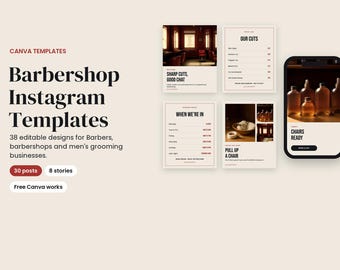 Plantillas de Instagram para barberías en Canva: 38 publicaciones e historias editables para barberías.