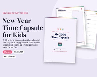 Cápsula del tiempo de Año Nuevo para niños 2026 (imprimible), resumen del año y objetivos para 2027 (PDF rellenable)
