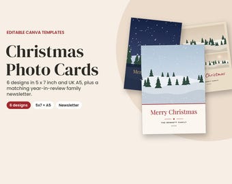 Plantilla para tarjeta navideña con foto, tarjetas editables de 5x7 y A5 con resumen del año.