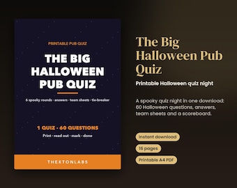 May include: A printable Halloween pub quiz document featuring a dark blue cover with white and orange text. The title reads The Big Halloween Pub Quiz, including 60 questions, 6 spooky rounds, answers, team sheets, and a tie-breaker. The bottom displays the brand name Thextonlabs.
