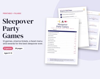Sleepover Party Games Printable for Tweens, 12 Games with Host Planner, Fillable PDF