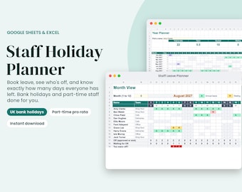 Puede incluir: Una plantilla digital de planificador de vacaciones para Google Sheets y Excel. La interfaz muestra un planificador anual y una vista mensual con columnas para nombres, equipos y estado de vacaciones, incluyendo el texto Staff Holiday Planner.