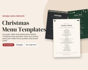 Plantilla editable de menú navideño, menú festivo y formulario de pre-pedido para fiestas en pubs.