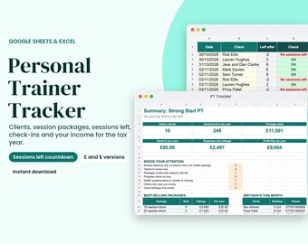 Personal Trainer Client Tracker Spreadsheet, Sessions Left, Packages and Income