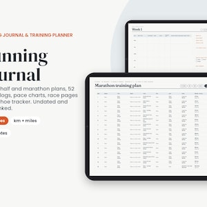 Puede incluir: Un diario de running y planificador de entrenamiento digital en dos tabletas. La interfaz muestra un plan de entrenamiento de maratón, registros semanales, tablas de ritmo, páginas de carrera y un rastreador de calzado. 106 páginas, opciones de km y millas, hipervinculado para GoodNotes.