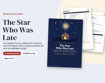 Puede incluir: Un guion de obra de teatro de natividad titulado The Star Who Was Late, con una portada azul oscuro que muestra una estrella amarilla sobre un establo marrón. El kit incluye varias páginas con listas de personajes y diálogos para 34 papeles.