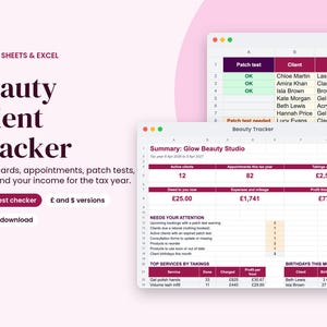 Beauty Client Tracker Spreadsheet, Lash and Nail Tech Patch Test Log and Income Tracker
