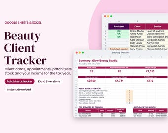 Hoja de cálculo para el seguimiento de clientes de belleza, registro de pruebas de alergia para técnicos de pestañas y uñas y seguimiento de ingresos.