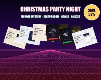 Paquete de juegos para fiestas navideñas, juego de misterio con asesinato, escape room navideño, concurso de preguntas y respuestas navideño, juegos para intercambio de regalos, imprimibles.