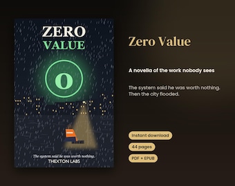 Puede incluir: Una portada de libro titulada Zero Value de Thexton Labs que muestra una escena nocturna lluviosa con un símbolo de cero verde brillante, un pequeño vehículo naranja con un foco y el texto: The system said he was worth nothing.