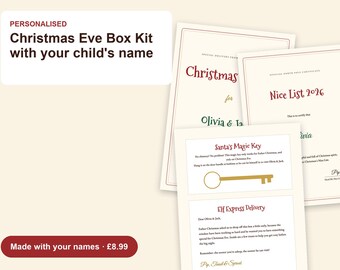 Kit personalizado para la Nochebuena, certificado de la Lista de Niños Buenos, etiquetas para comida de renos, cartel de "Santa, para aquí", llave mágica, imprimible (Reino Unido)