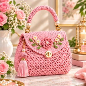 May include: A light pink crocheted handbag featuring a textured lattice pattern, a single rounded handle, and a gold-tone turn-lock closure. The front flap is decorated with a central fabric flower and embroidered floral sprigs with green leaves.