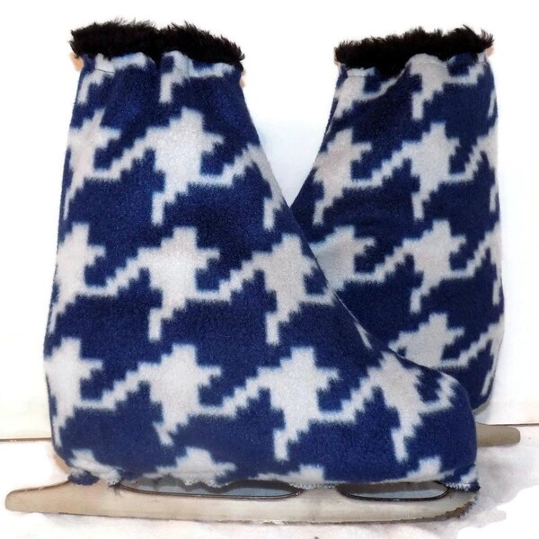 Melvage's Ice Skate Boot Warmers & Hockey Slip-overs Covers Hounds-Tooth Beige, Navy Blue Size 7-9